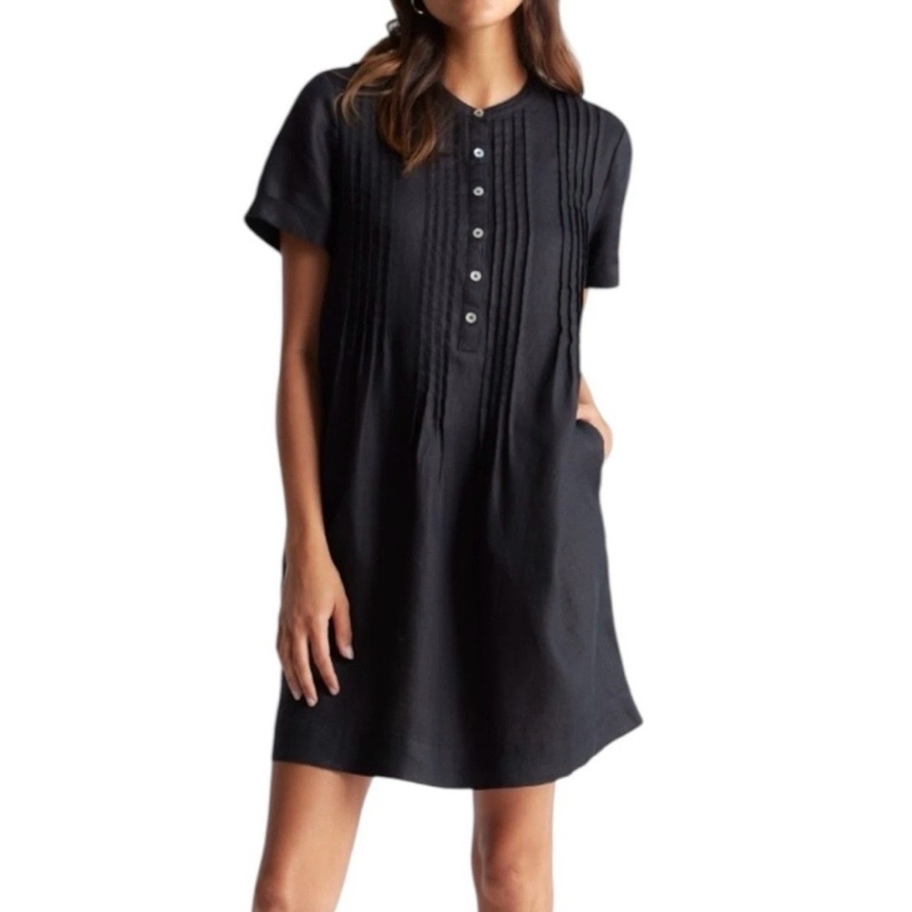 Quince Black Short Sleeve Italian Linen Pintuck Dress